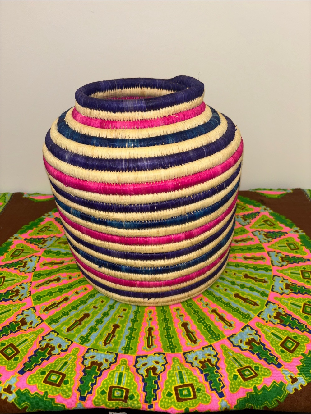 Handwoven Striped Raffia Storage Basket - Navy, Pink & Natural
